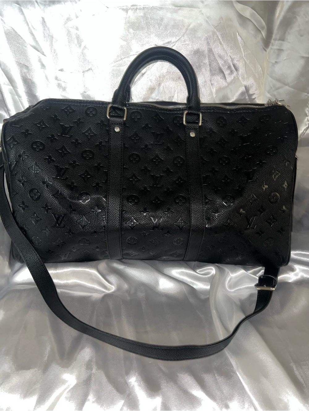 Black Embossed Monogram Duffel Bag with Shoulder Strap
